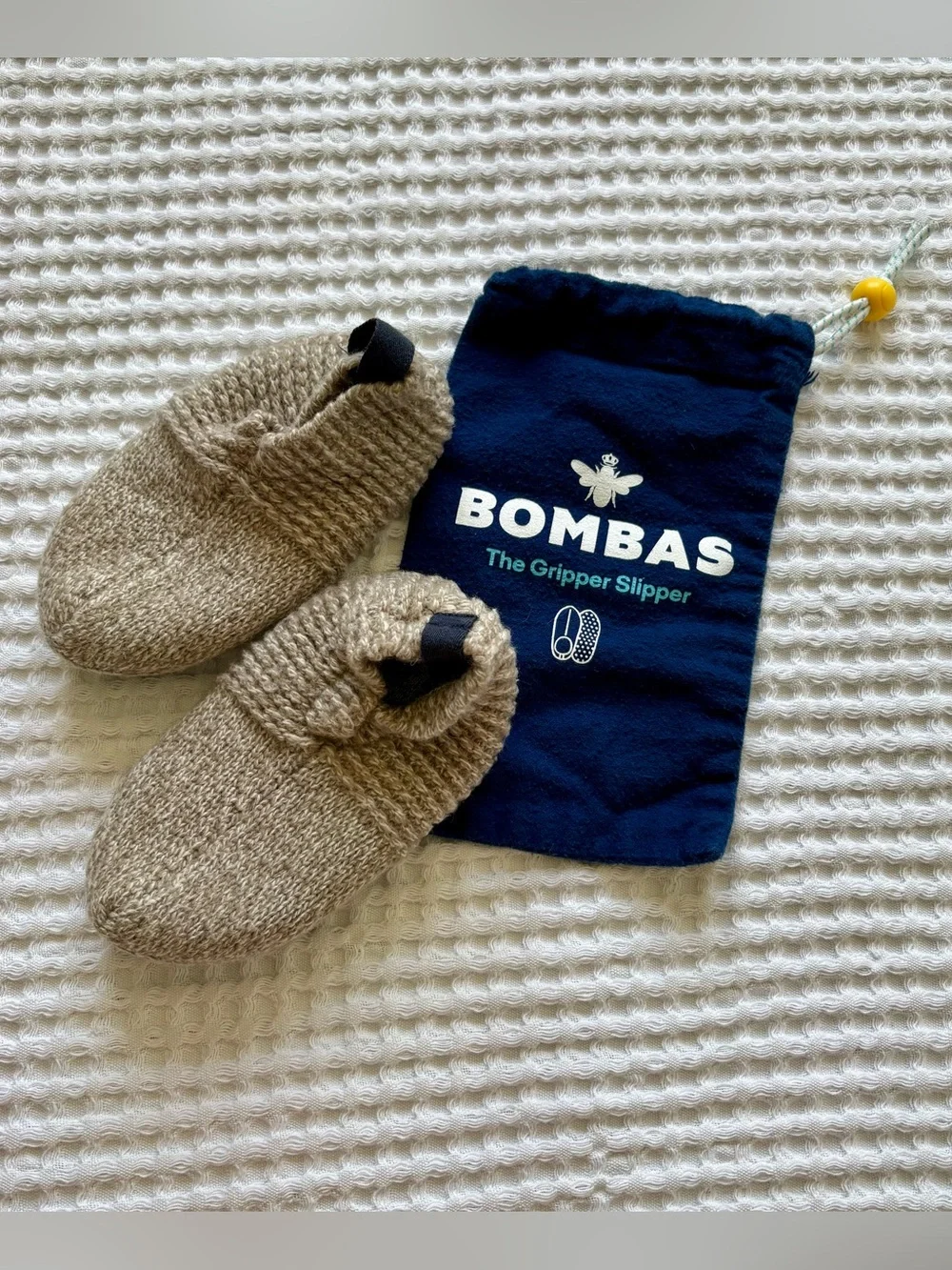 Bombas Gripper Slipper Kids Toddler Taupe Knit Non-Slip Size T5-7 Bag Included
